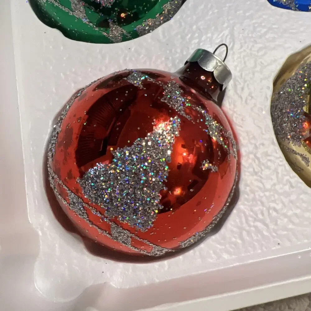 Vintage Pyramid Set of 4 Glass Ball Glitter Trees Ornaments Red Green Blue Gold